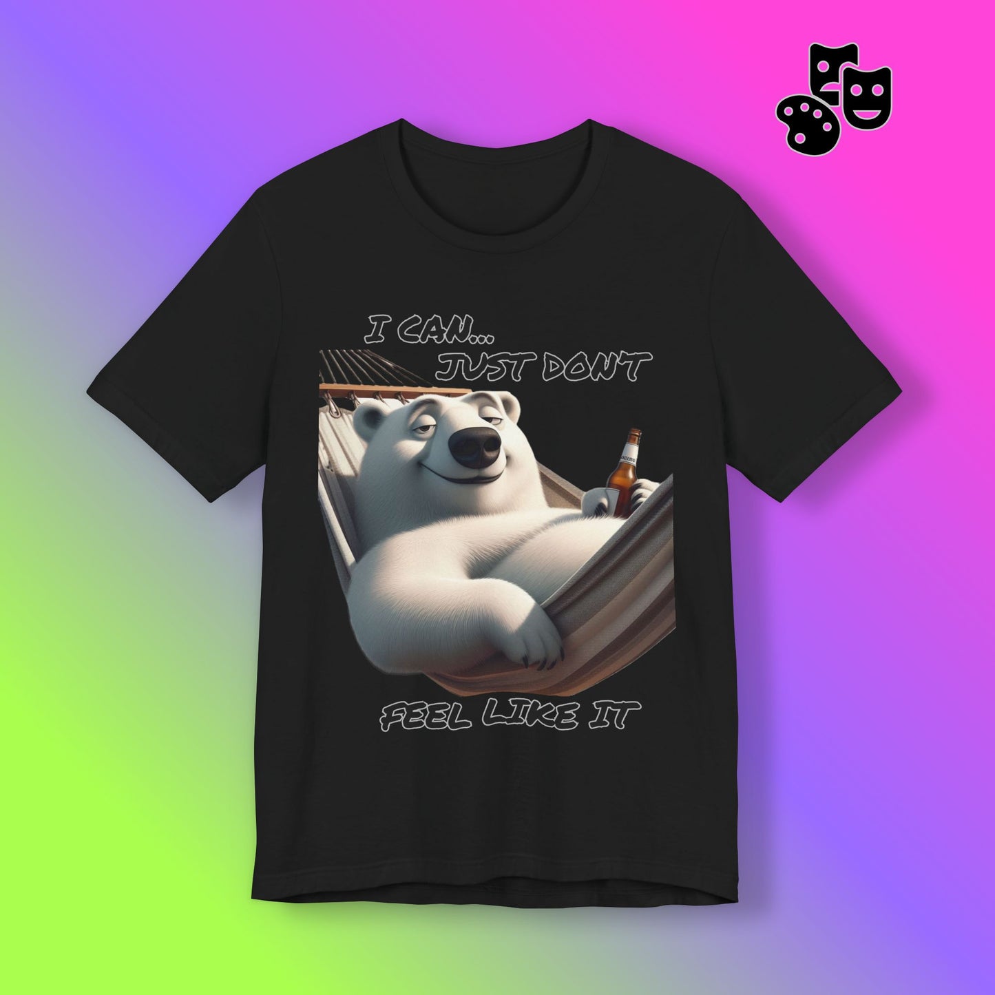 Black t-shirt with a bear graphic and text on a gradient background