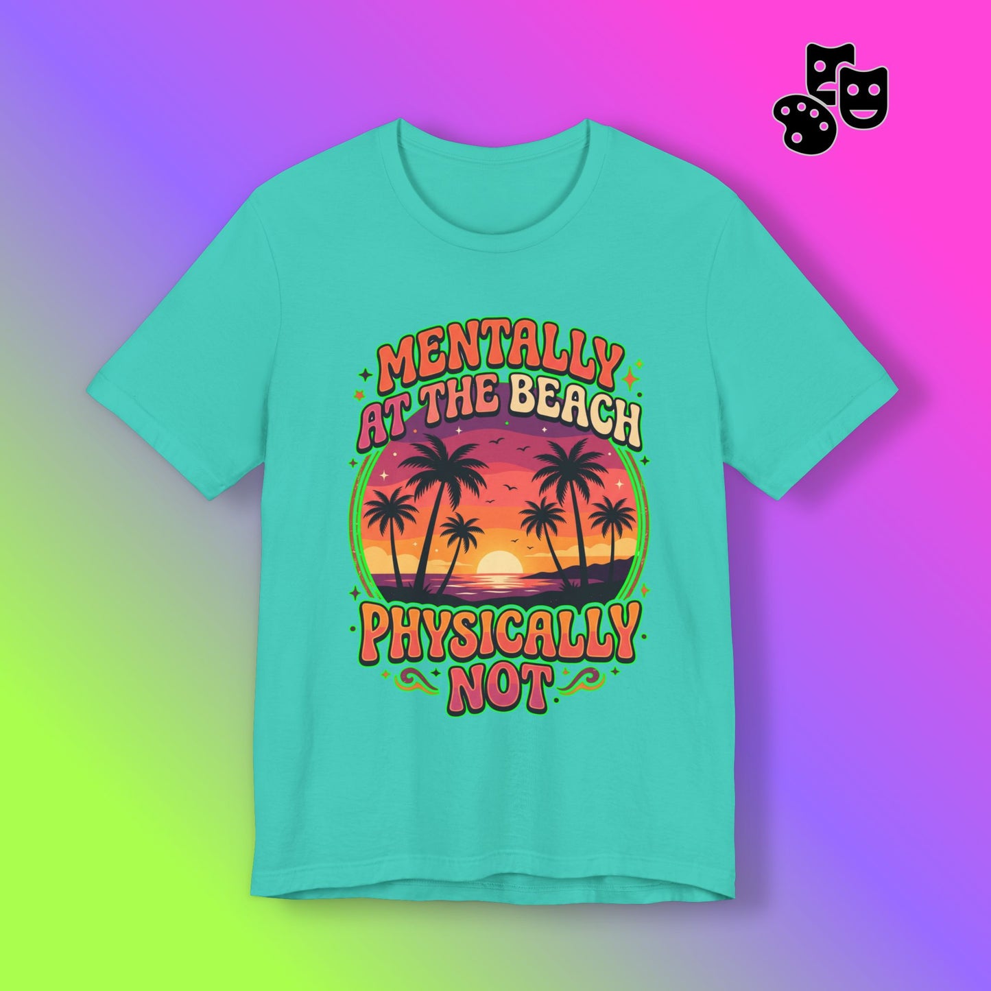 Teal t-shirt with beach-themed design on a gradient background