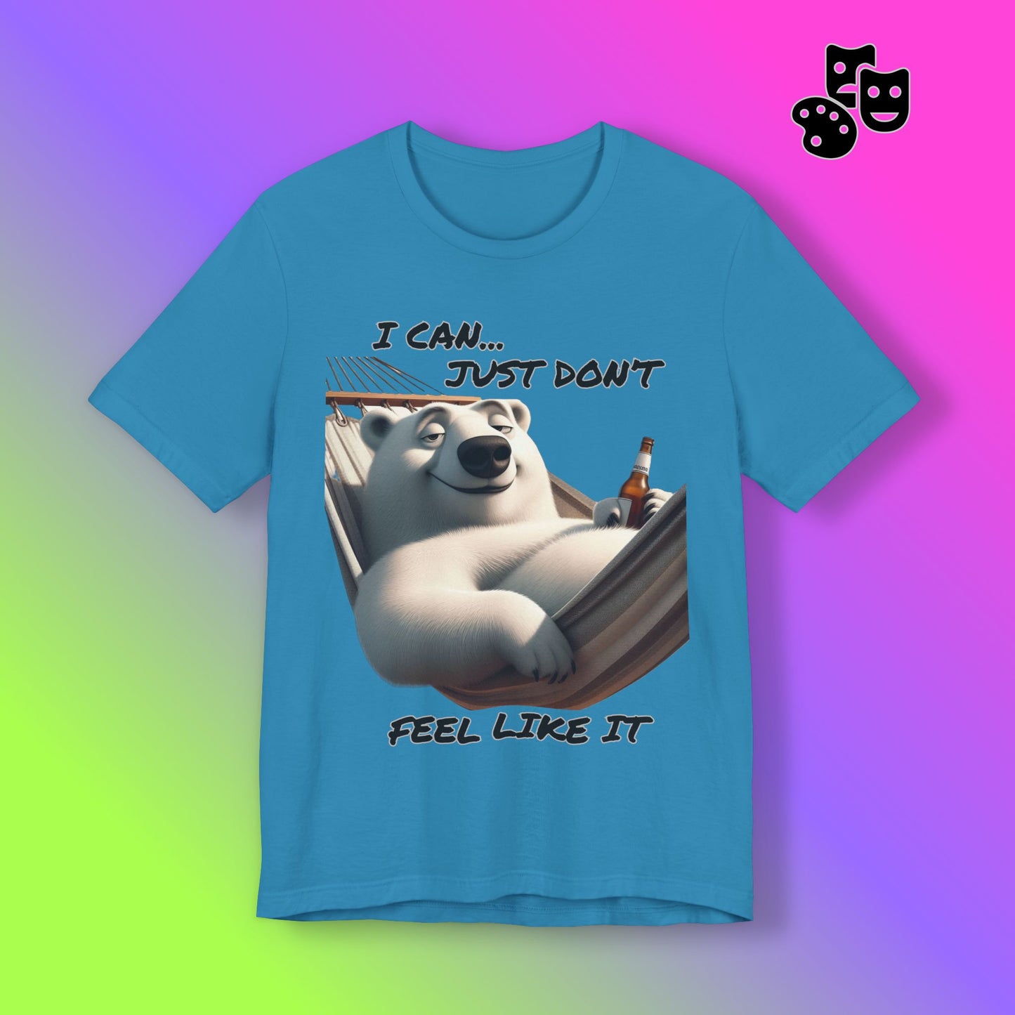 Blue t-shirt with a bear graphic and text on a colorful gradient background
