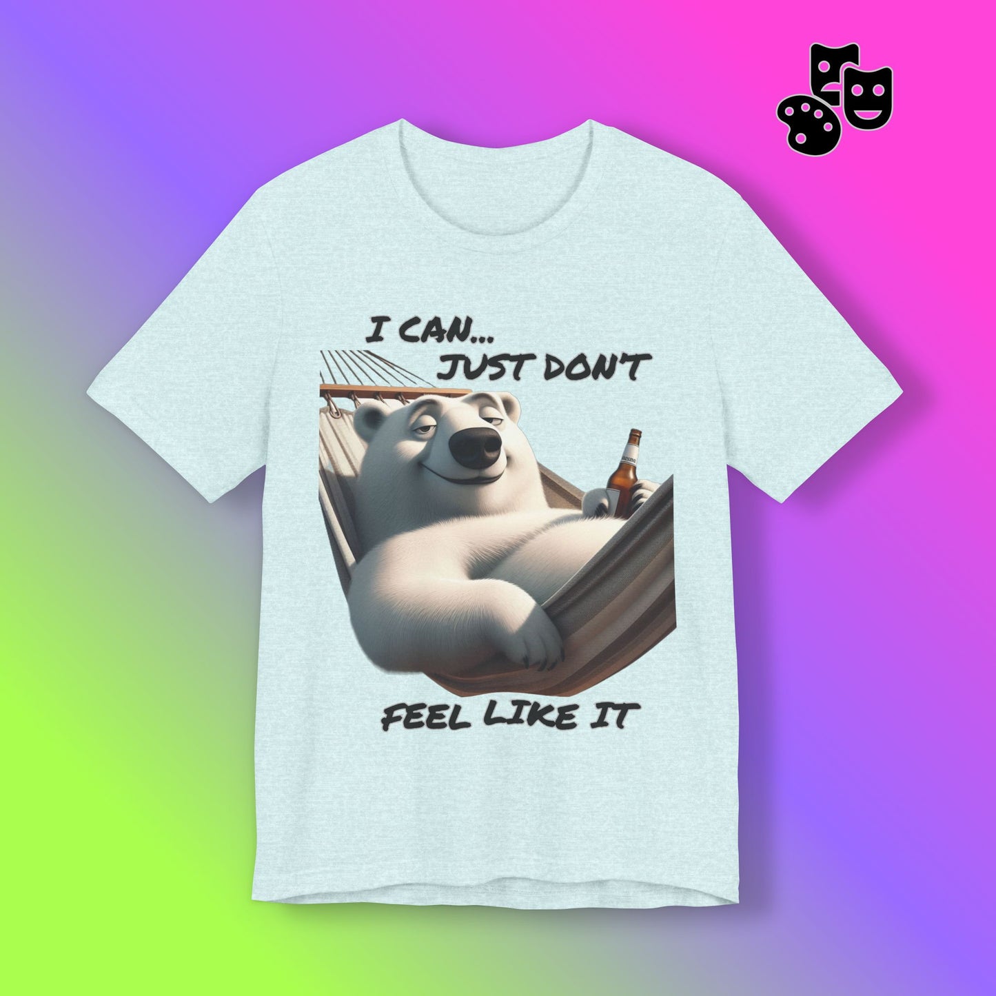 T-shirt with a bear graphic and text on a colorful gradient background